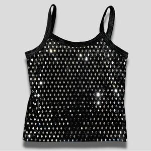 GLAMOUR CHICK VINTAGE VELOUR DIAMOND MIRROR TANK TOP BLACK SILVER SMALL